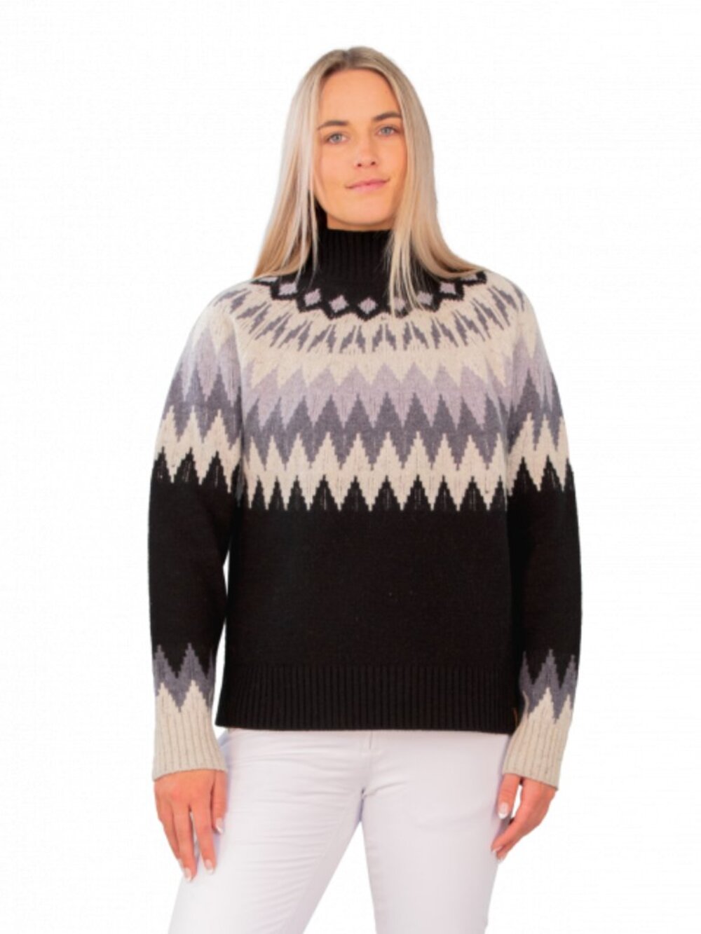 Obermeyer 100% Wool Fair Isle Ski Sweater Medium Black Grey Mock Neck Knit Pullo